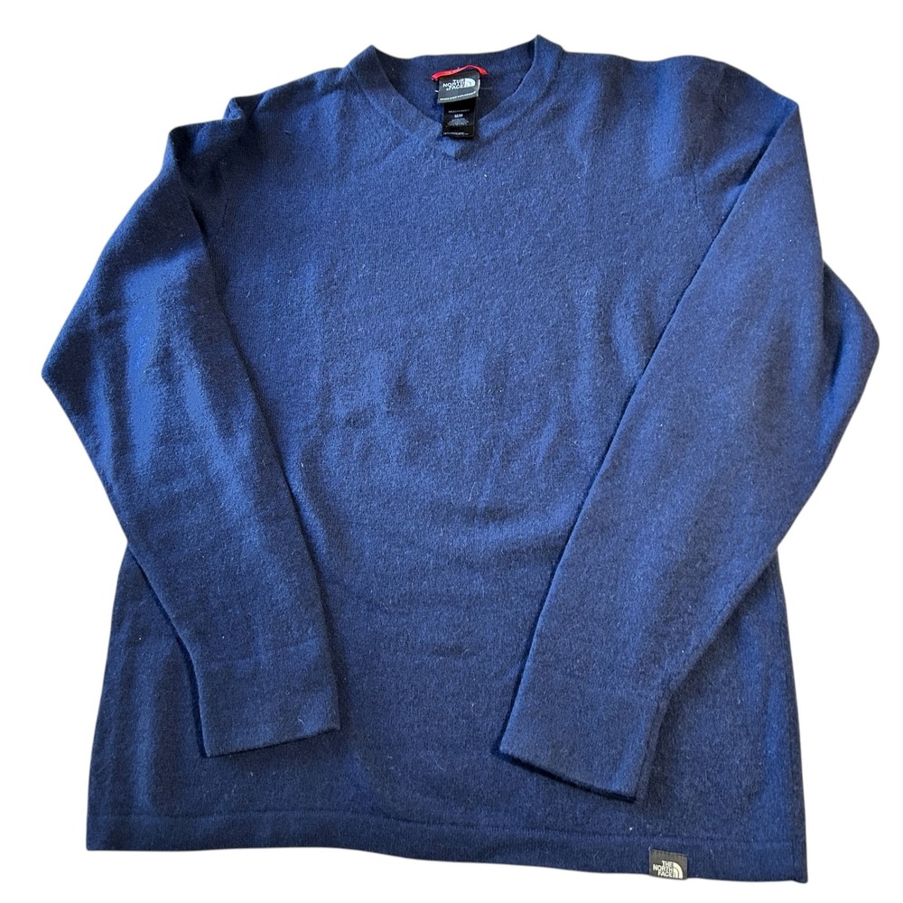The North Face Mens‎ V Neck Merino Wool Blend Sweater Medium Blue Long Sleeve